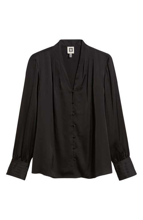 Anne Klein Pleat Front V-neck Button-up Shirt In Black