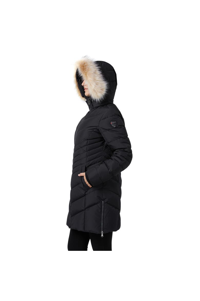 Queens Faux Fur Trim Chevron Quilt Mid Length Coat, Alternate, color, Black/Crystal