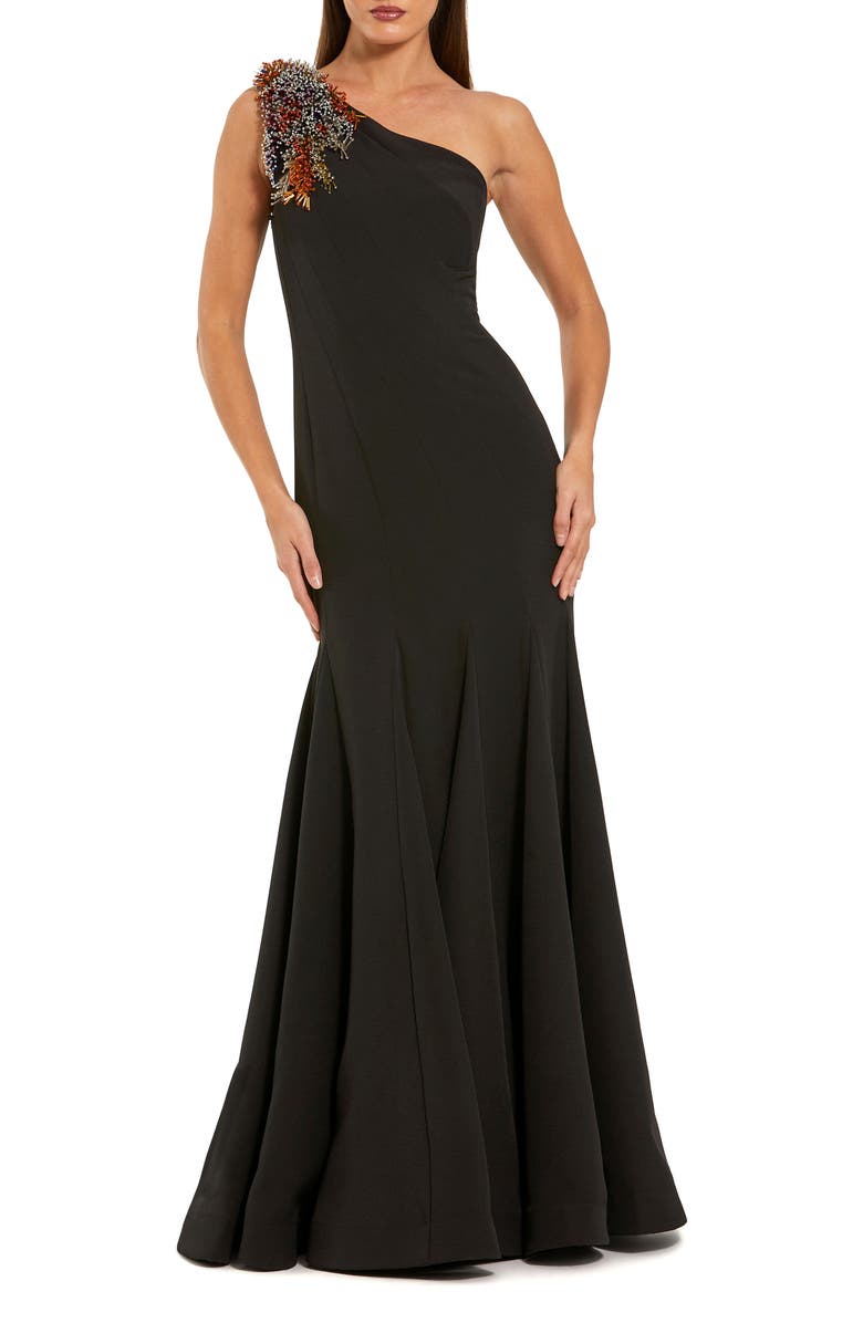 Mac Duggal Crepe One Shoulder Beaded Mermaid Gown, Main, color, Black Multi