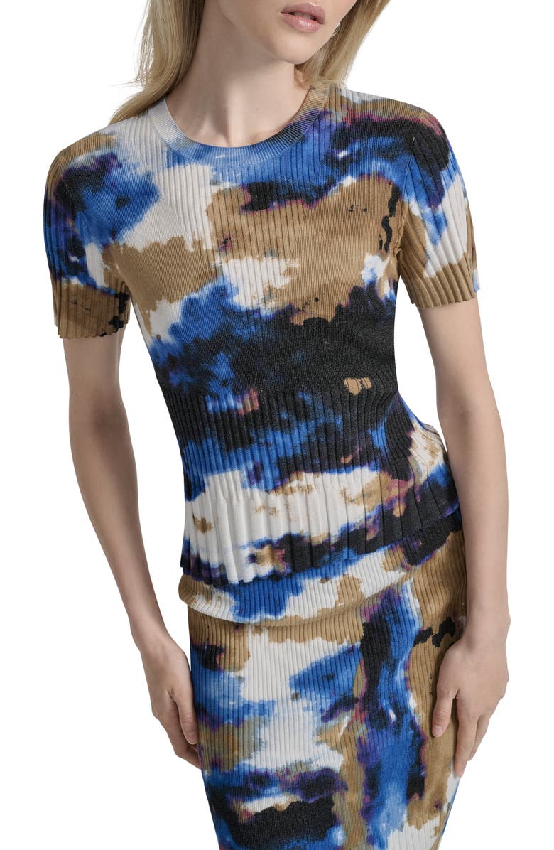 DKNY Print Mix Rib Short Sleeve Sweater, Main, color, Clouded In