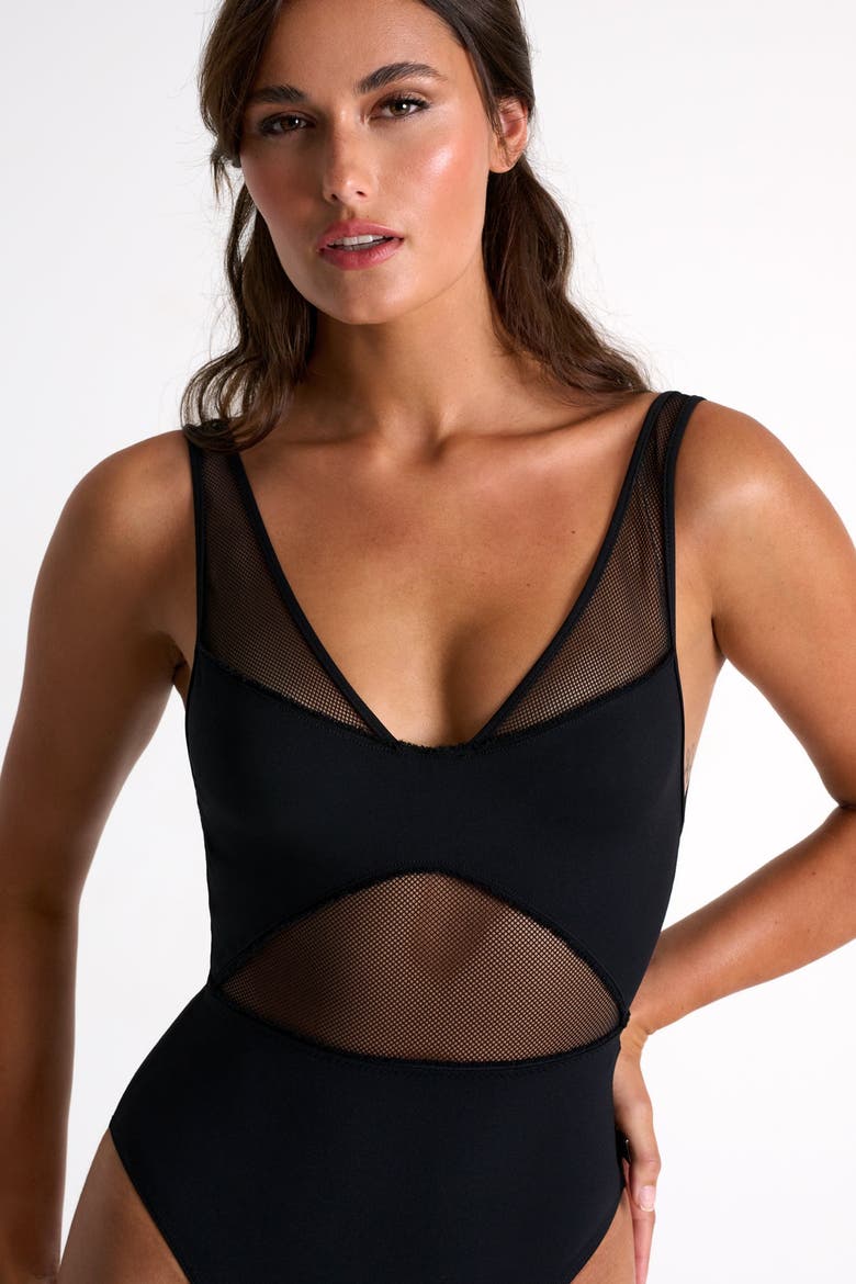 Grid Mesh Plunging One-Piece, Alternate, color, Black