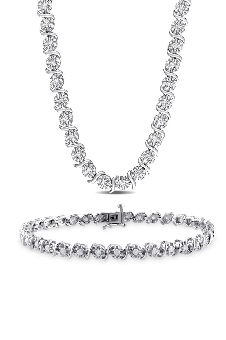 Diamond Tennis Necklace & Bracelet Set - 1.48ct., Main, color, SILVER