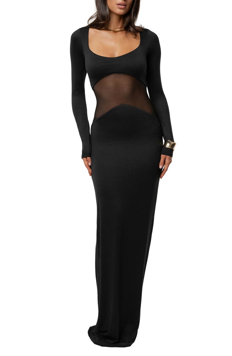 JLUXLABEL Glitz Hour Long Sleeve Mesh Body-Con Maxi Dress, Main, color, Black