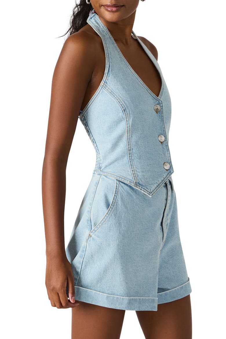 Amity Halter Denim Romper, Alternate, color, DELFT BLUE