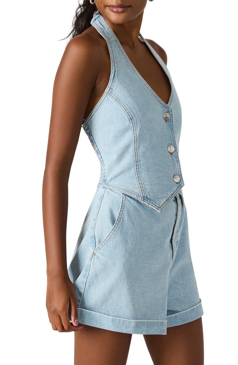Steve Madden Amity Halter Denim Romper, Alternate, color, Delft Blue