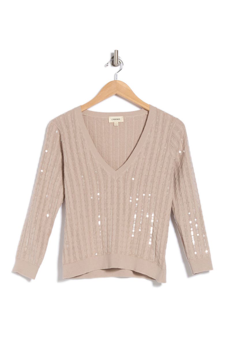 Trinity Sequin Cable V-Neck Pullover, Alternate, color, PALE NEUTRAL