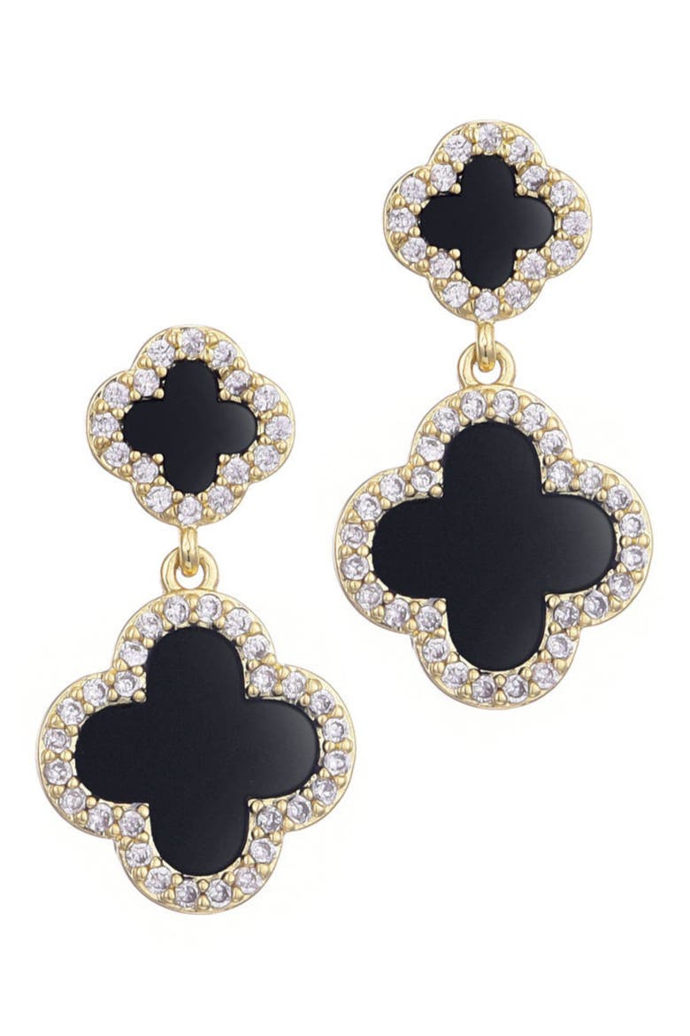 Pavé CZ Double Clover Drop Earrngs, Alternate, color, GOLD-BLACK