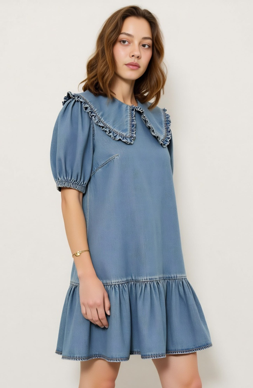 Modenaire Ruffled Collar Dress With Puff Sleeves And Tiered Hem In Blue