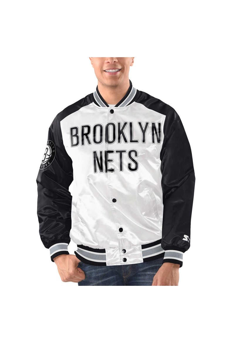 Men's Starter White/Black Brooklyn Nets Renegade Satin Full-Snap Varsity Jacket, Main, color, White