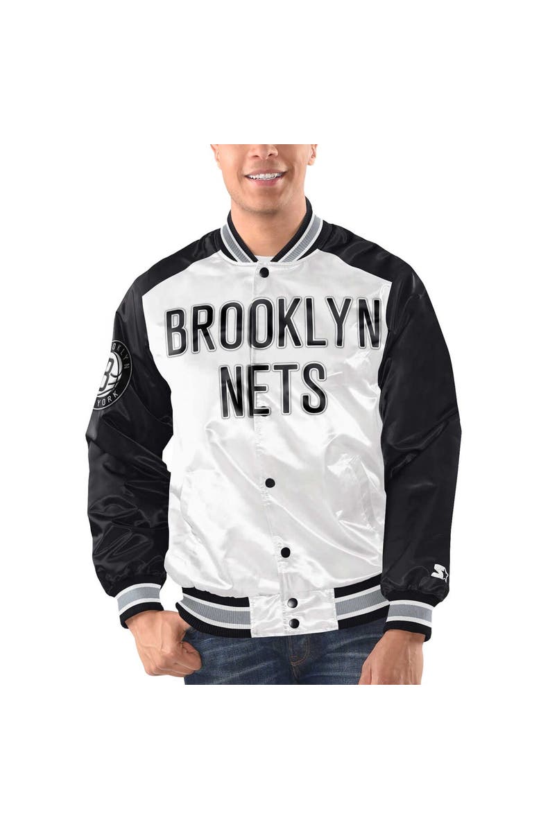 STARTER Men's Starter White/Black Brooklyn Nets Renegade Satin Full-Snap Varsity Jacket, Main, color, White