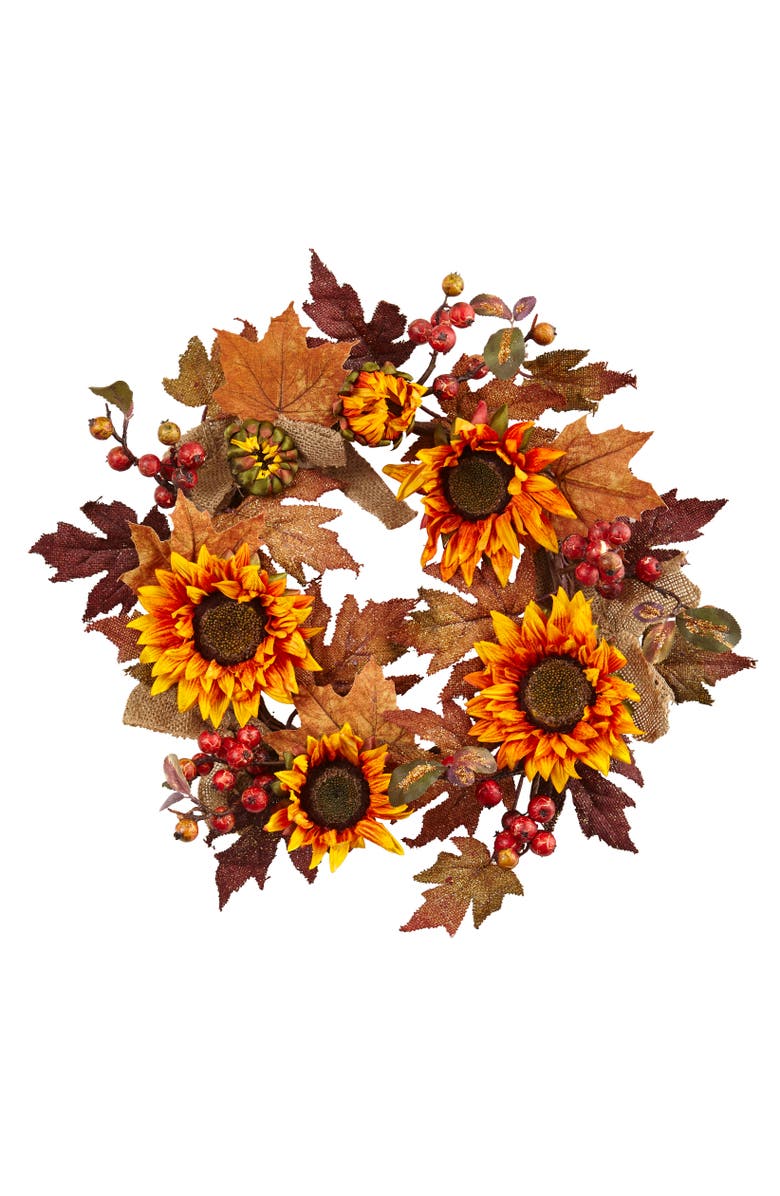 NEARLY NATURAL 24-in Sunflower & Berry Wreath, Main, color, Orange