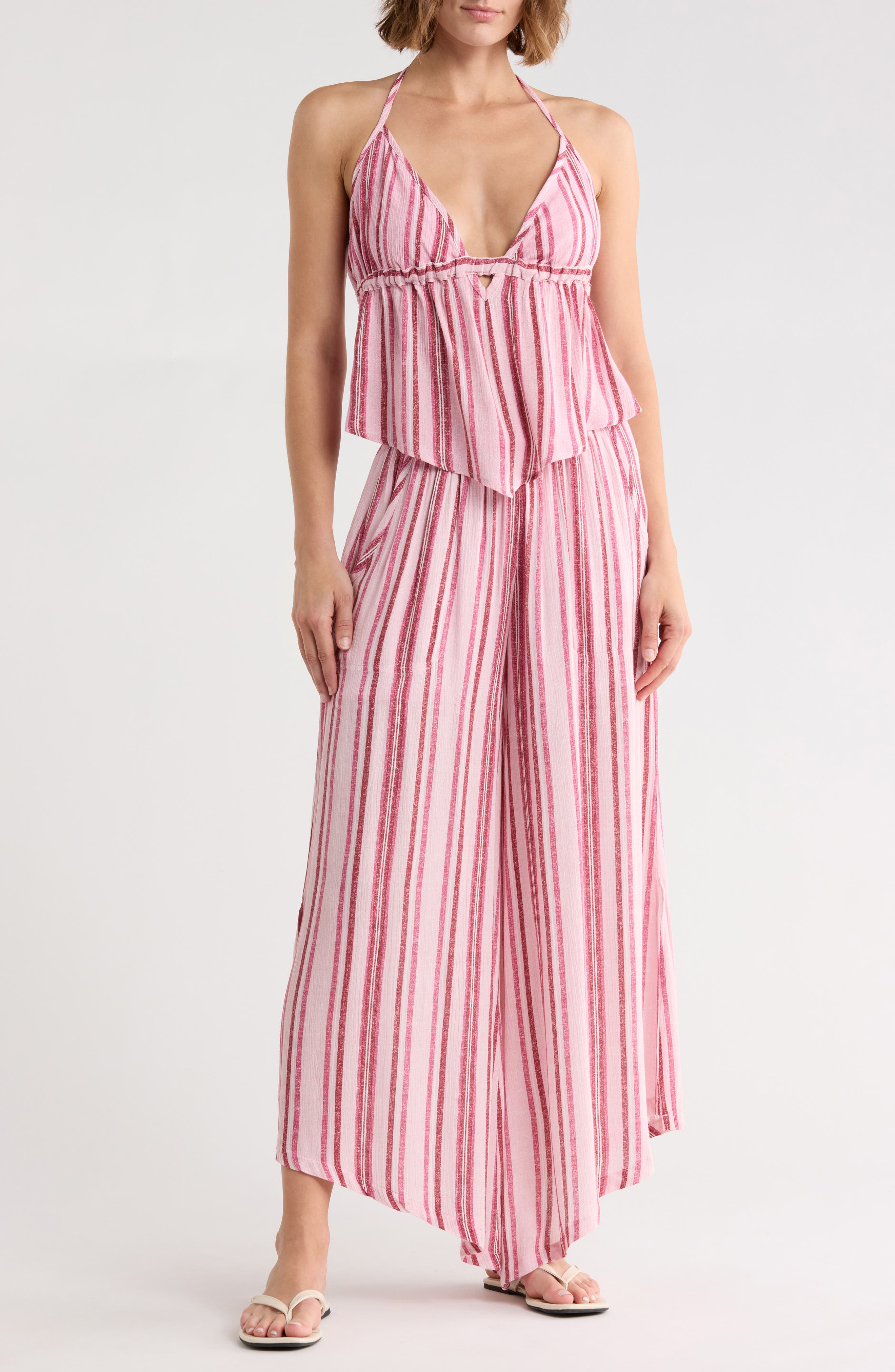 Madden Girl Stripe Halter Neck Crop Top & Pants Set