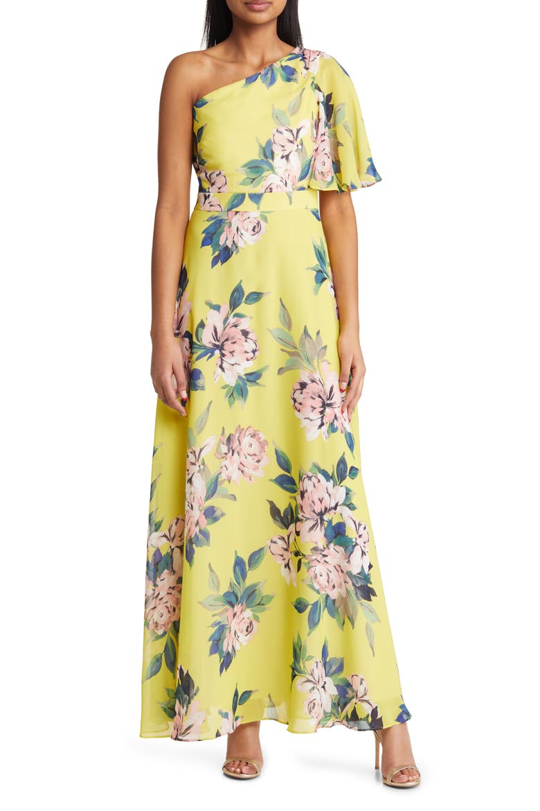 One-Shoulder Flutter Sleeve Maxi Dress, Main, color, YELLOW