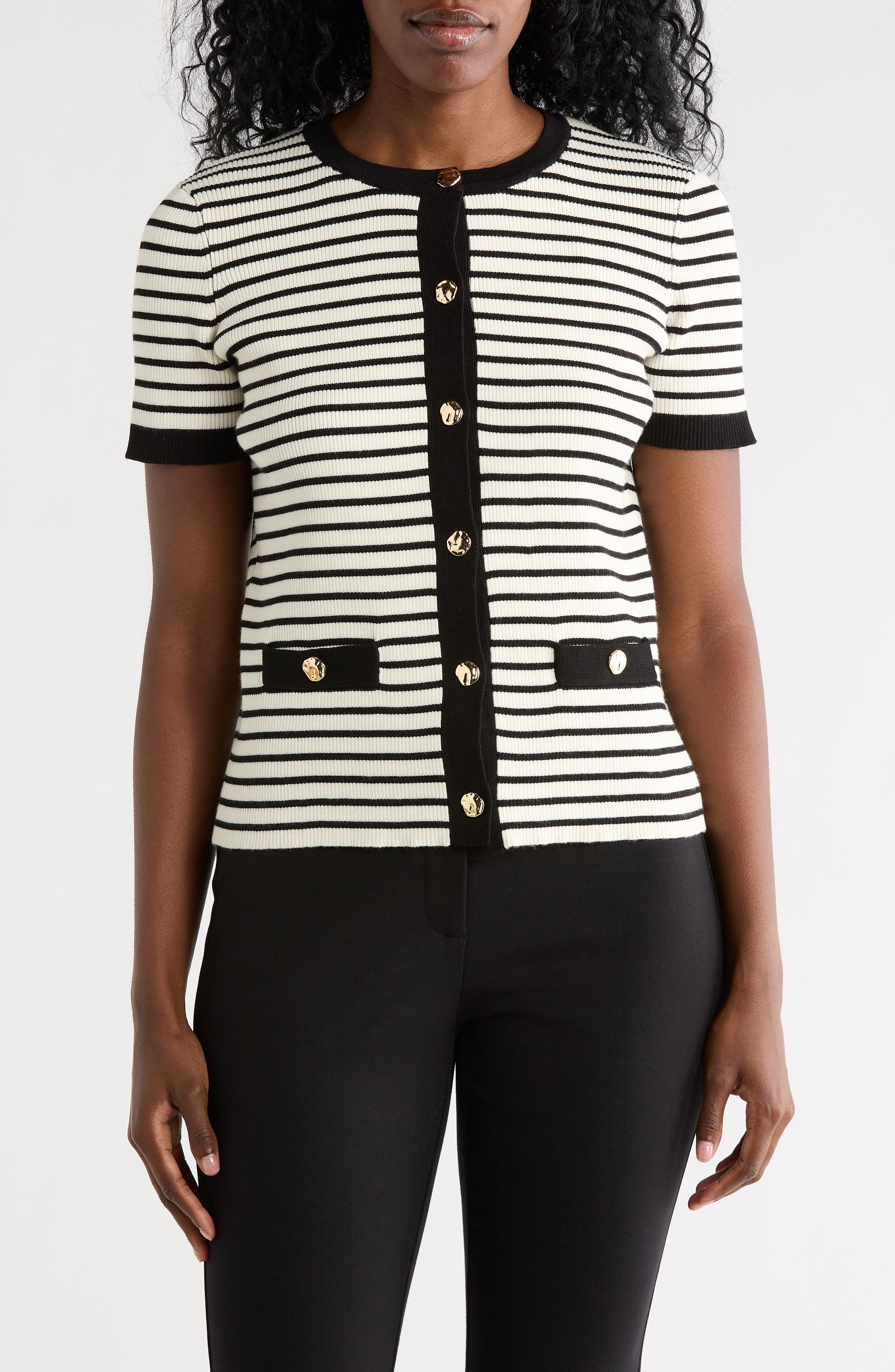T Tahari Stripe Short Sleeve Crop Cardigan
