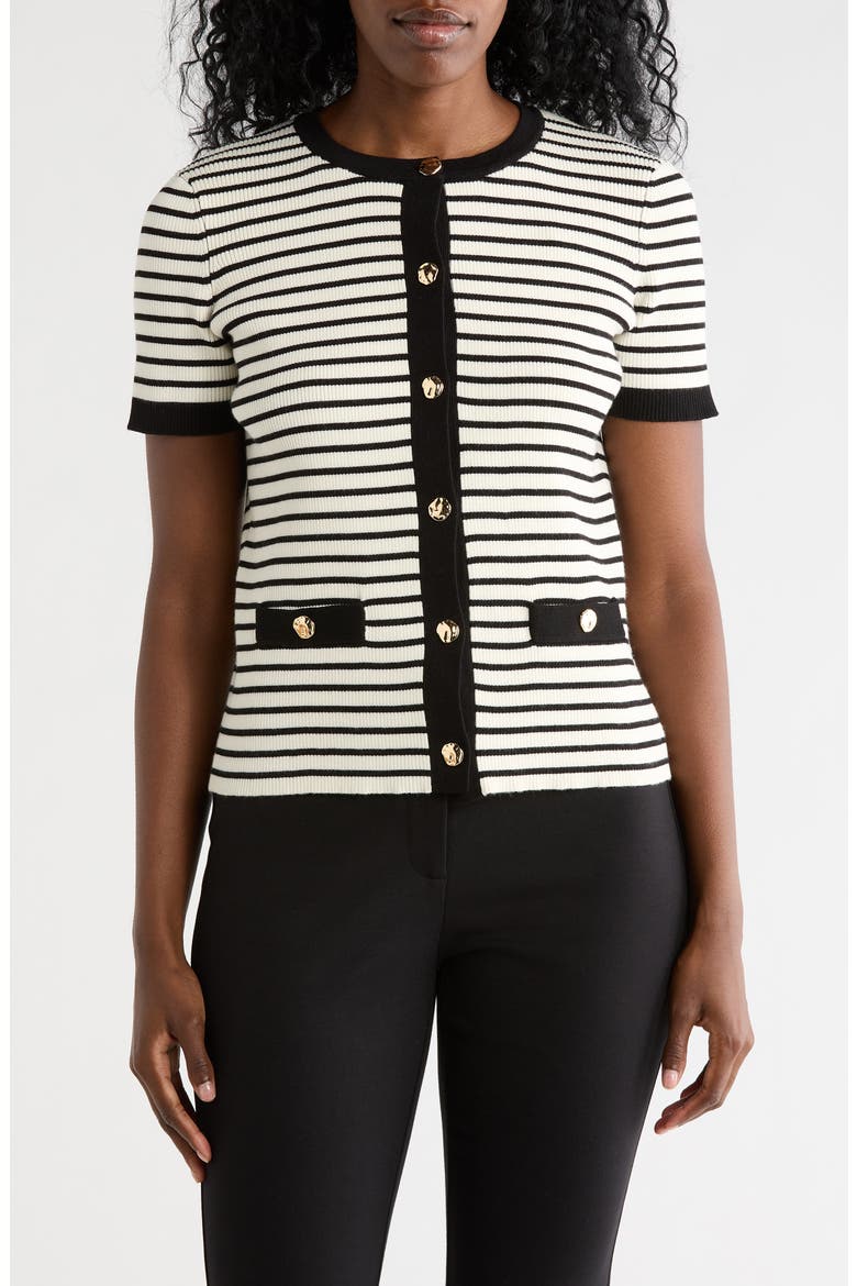 Stripe Short Sleeve Crop Cardigan, Main, color, WHITE/ BLACK