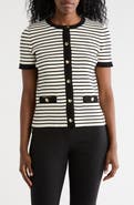 T Tahari Stripe Short Sleeve Crop Cardigan