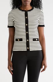 T Tahari Stripe Short Sleeve Crop Cardigan