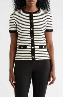 T Tahari Stripe Short Sleeve Crop Cardigan