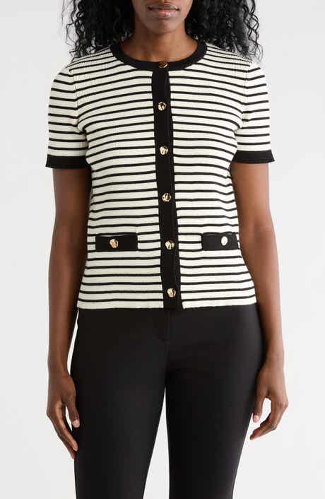 T Tahari Stripe Short Sleeve Crop Cardigan