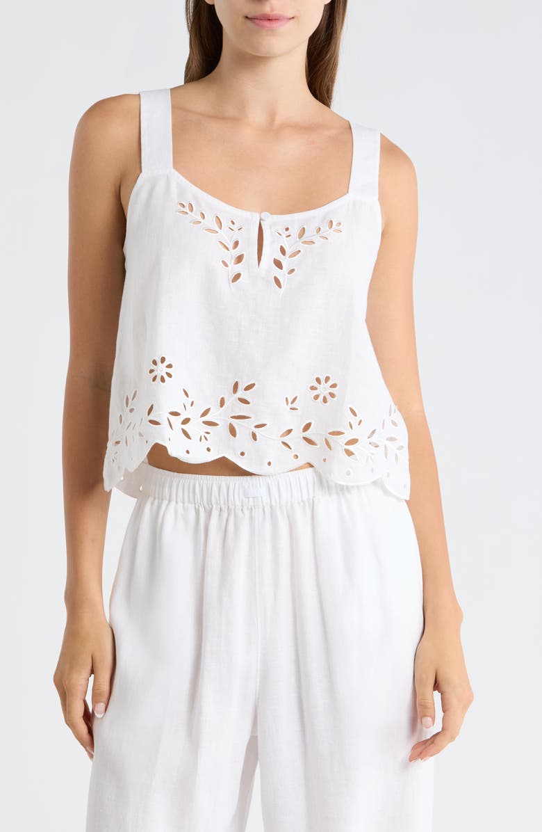 Lunya Embroidered Eyelet Linen Tank, Main, color, Sincere White