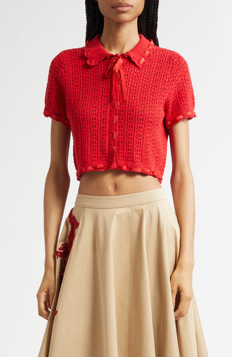 Cinq à Sept Ginerva Open Stitch Crop Cotton Blend Cardigan, Main, color, Red Sapphire