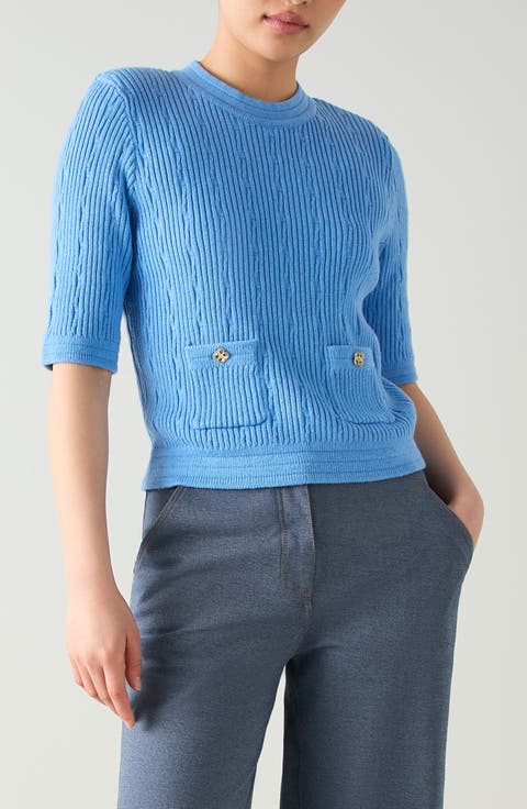 Shona Rib Cotton & Merino Wool Blend Short Sleeve Sweater