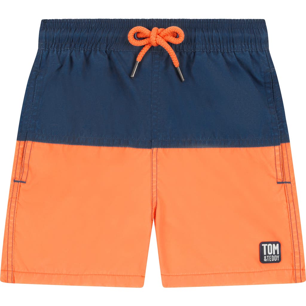 Tom & Teddy Kids' Colorblock Performance Swim Trunks In Blue Orange