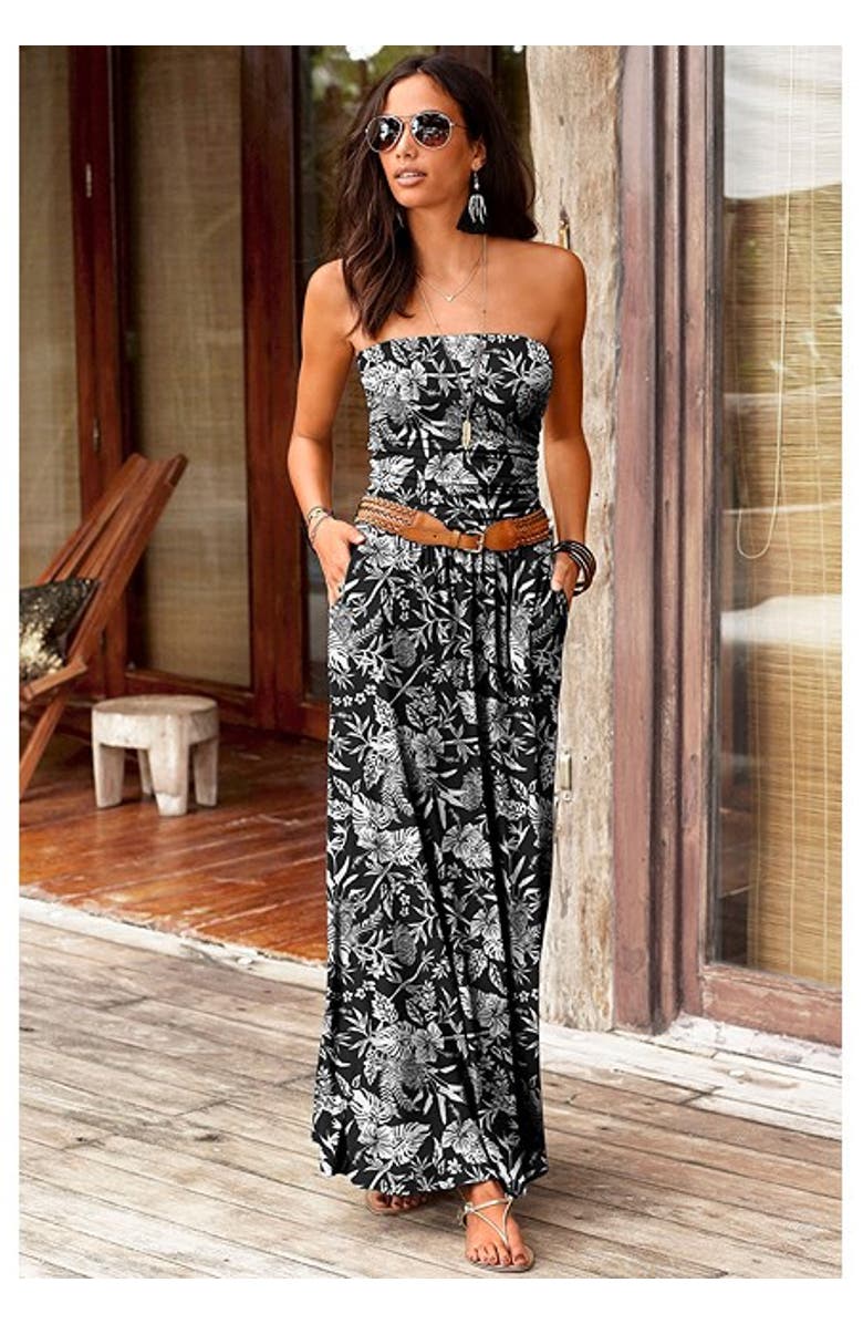 LASCANA Women's Bandeau Maxi Dress, Alternate, color, Black & White