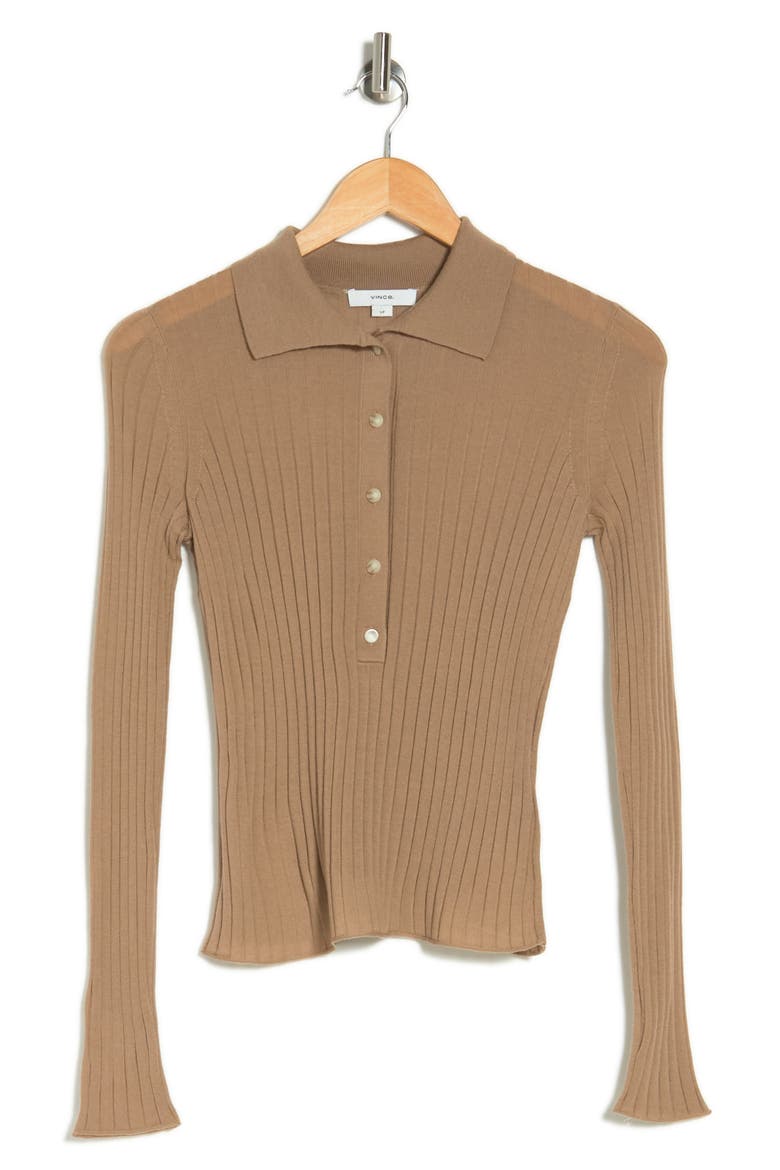 Long Sleeve Ribbed Knit Wool Polo, Alternate, color, SANDSTONE