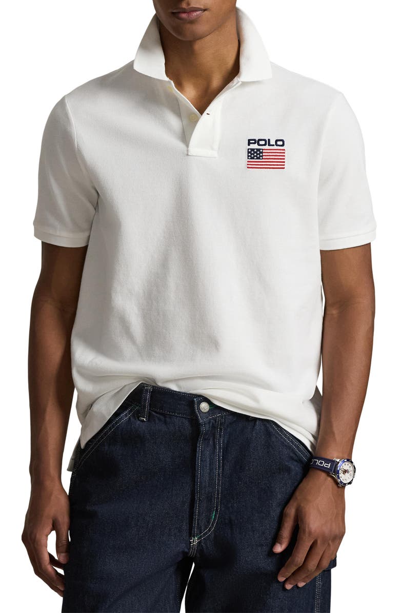 Polo Ralph Lauren Classic Fit Flag Embroidered Piqué Polo, Main, color, White