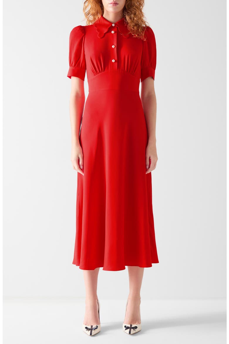 Emma Faux Pearl Button Midi Dress, Main, color, RED