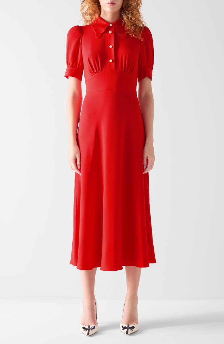 LK Bennett Emma Faux Pearl Button Midi Dress, Main, color, Red