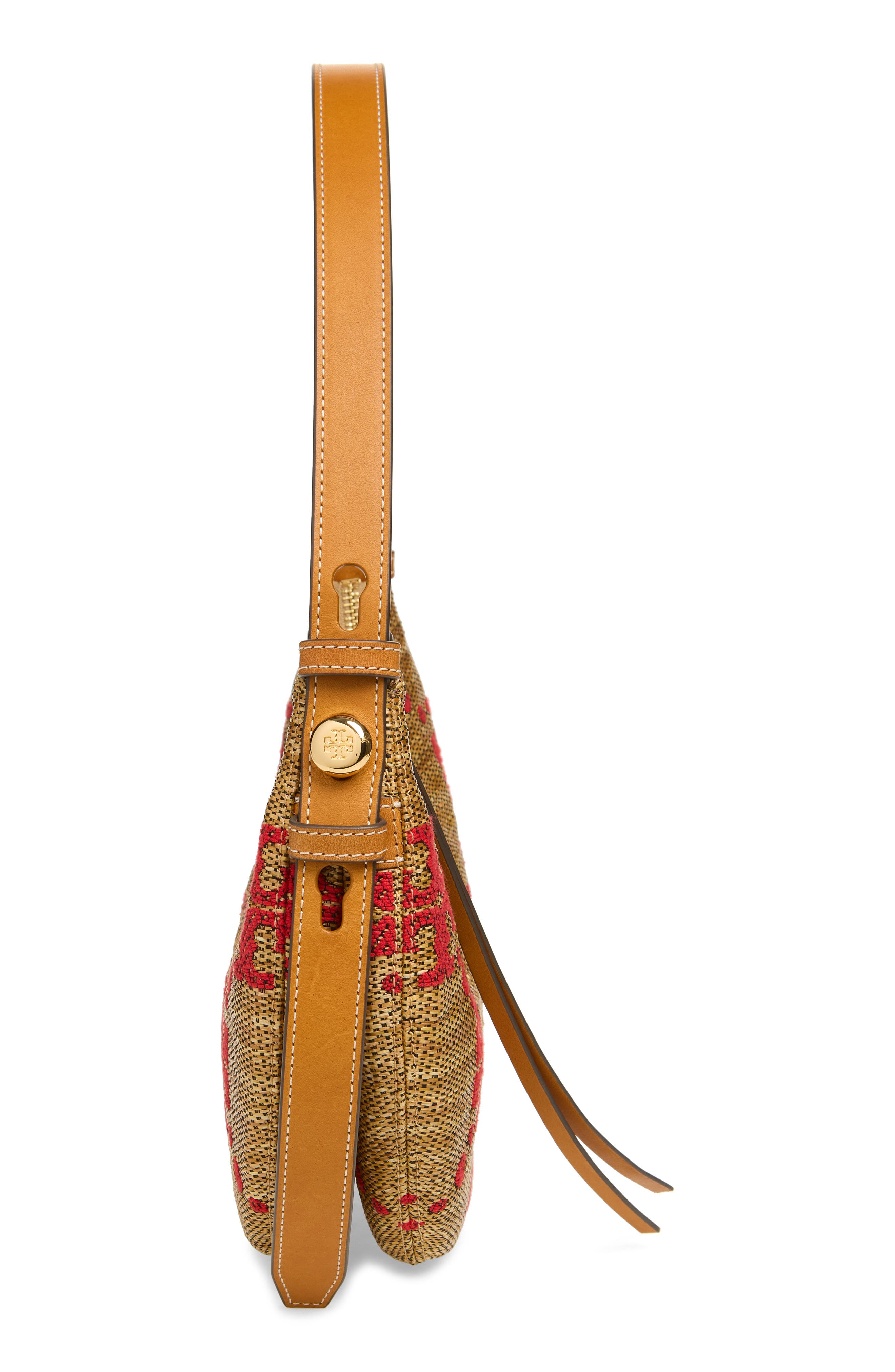 Tory Burch Romy T Monogram Straw Half Moon Shoulder Bag, Alternate, color, Natural