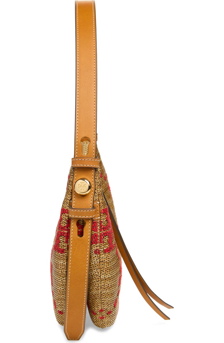 Tory Burch Romy T Monogram Straw Half Moon Shoulder Bag, Alternate, color, Natural