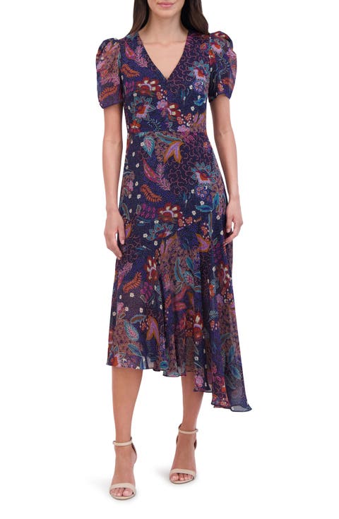 Floral Puff Sleeve Asymmetric Chiffon Dress