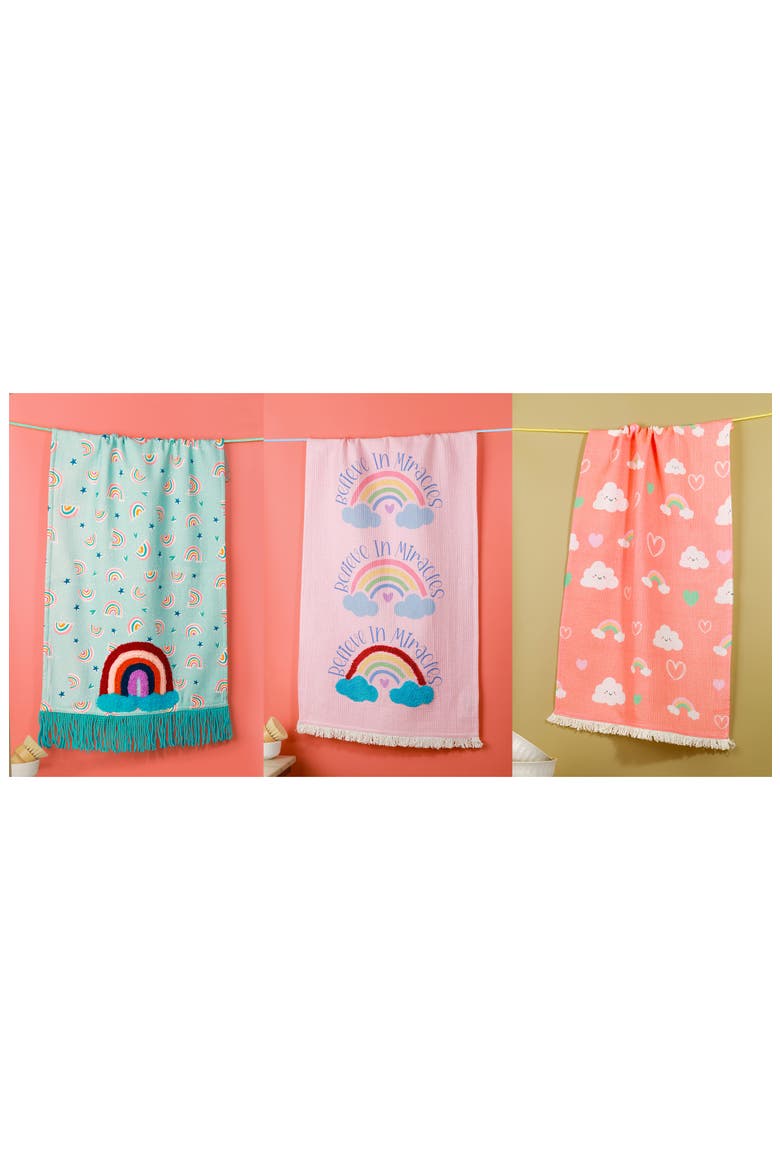 Believe in Miracles Set of 3 Kitchen Towels, Alternate, color, PINK/ BLUE