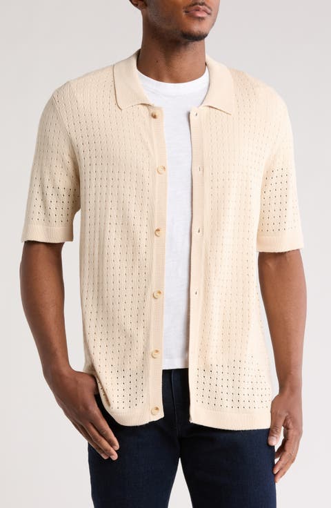 Short Sleeve Open Knit Button-Up Shirt