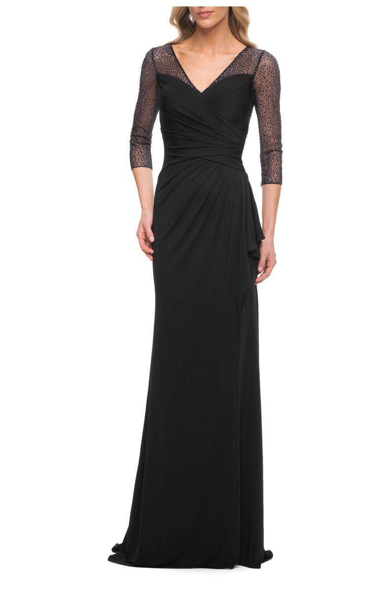 La Femme Jersey Long Dress with Beading and Ruffle Skirt, Main, color, Black
