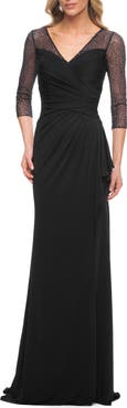 La Femme Jersey Long Dress with Beading and Ruffle Skirt
