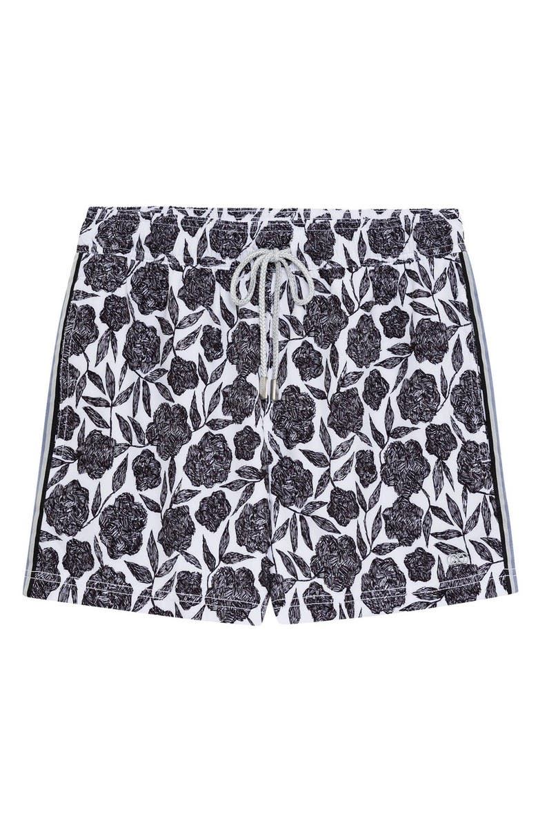 Le Club Resortwear 4.25" Le Club Eco-Friendly 4 Way Stretch Men's Swim Trunks, Main, color, Black/White