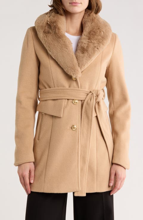 Belted Faux Fur Collar Coat