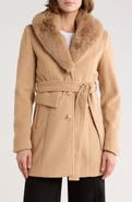 La Fiorentina Belted Faux Fur Collar Coat