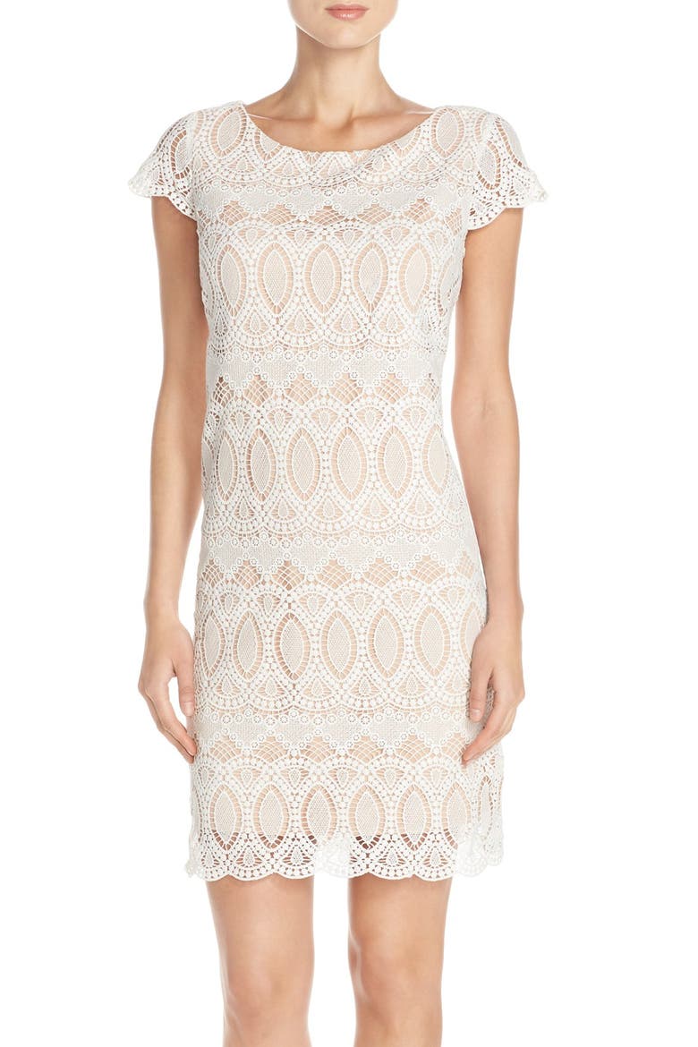 Scalloped Lace Sheath Dress, Main, color, IVORY
