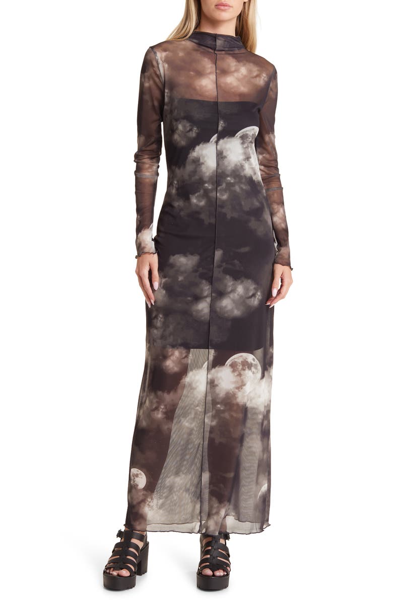 Noisy may Luna Mock Neck Long Sleeve Mesh Dress, Main, color, Black Aop Moon