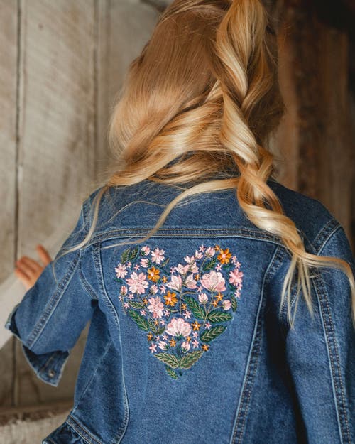 Deux Par Deux Denim Jacket With Ruffle Hem And Floral Embroidery In Blue