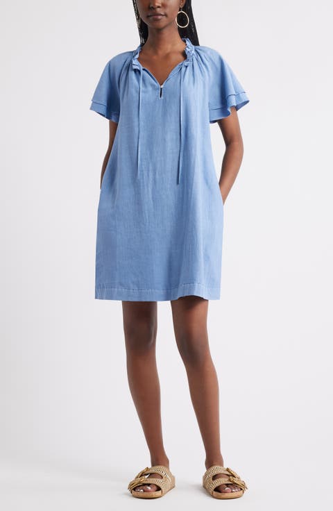Flutter Sleeve Linen Blend Shift Minidress