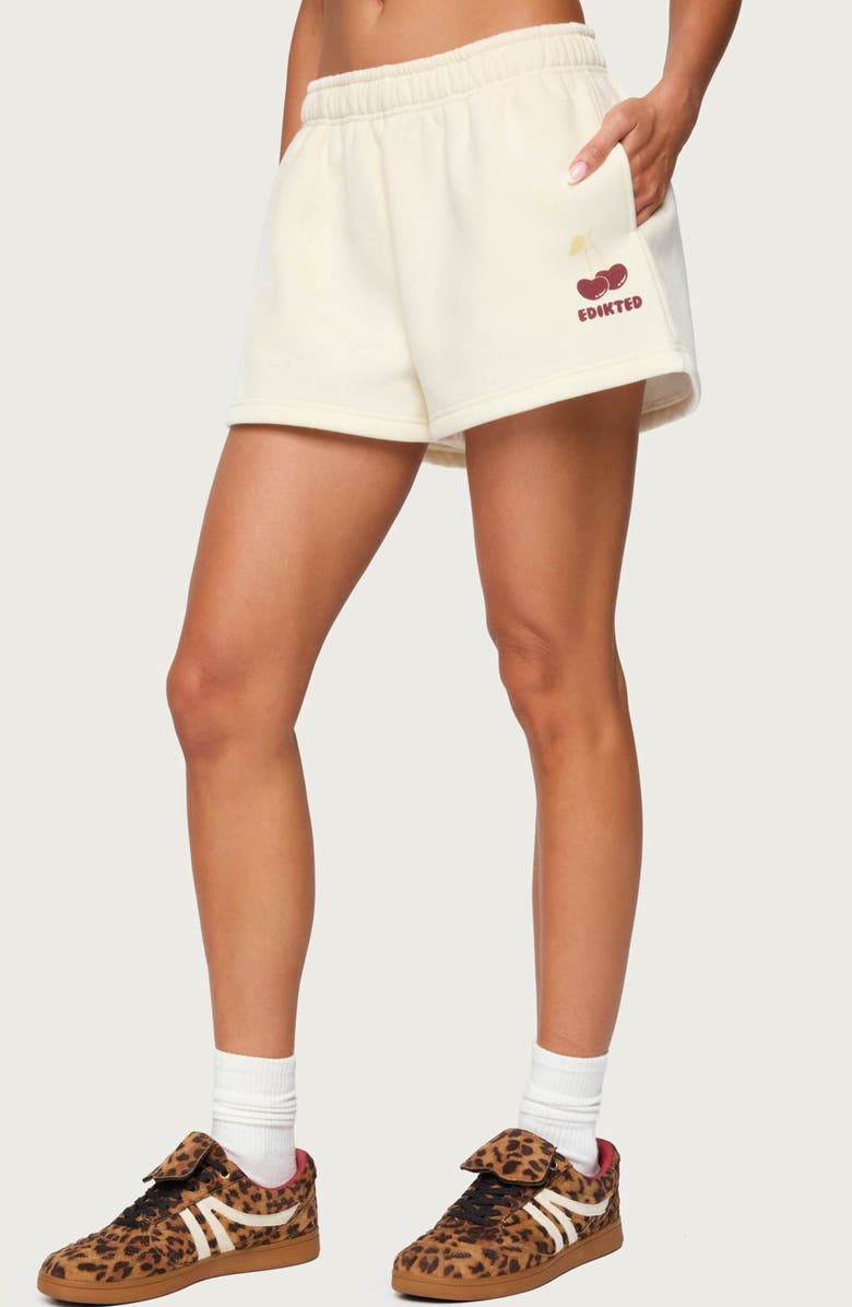 EDIKTED Cherry Baby Sweatshorts, Alternate, color, Cream