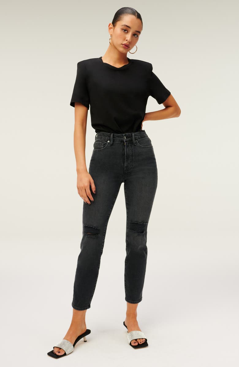 Good American Good Classic High Waist Raw Hem Jeans, Alternate, color, 