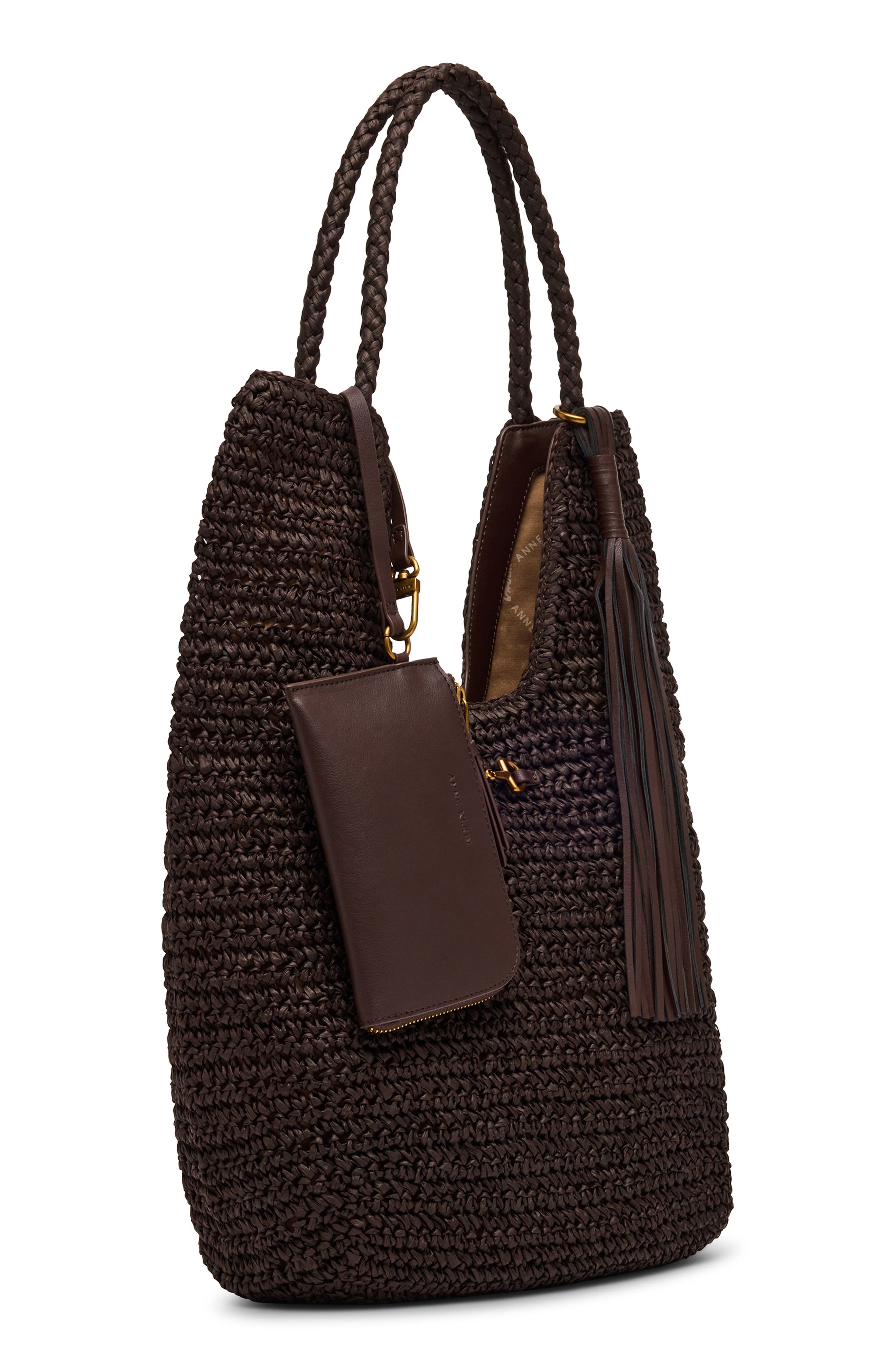 Anne Klein Tapered Woven Tote Bag with Pouch, Alternate, color, Espresso
