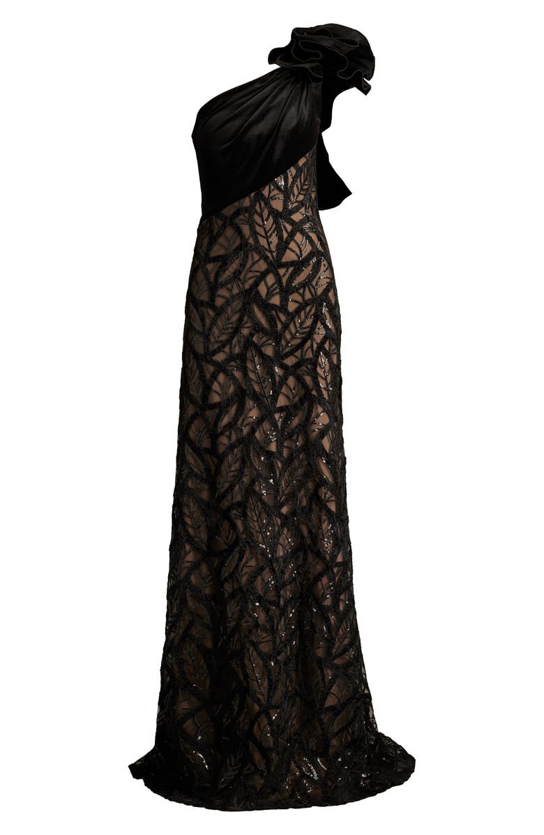 Tadashi Shoji Flower Detail Sequin Lace One-Shoulder Gown, Alternate, color, 